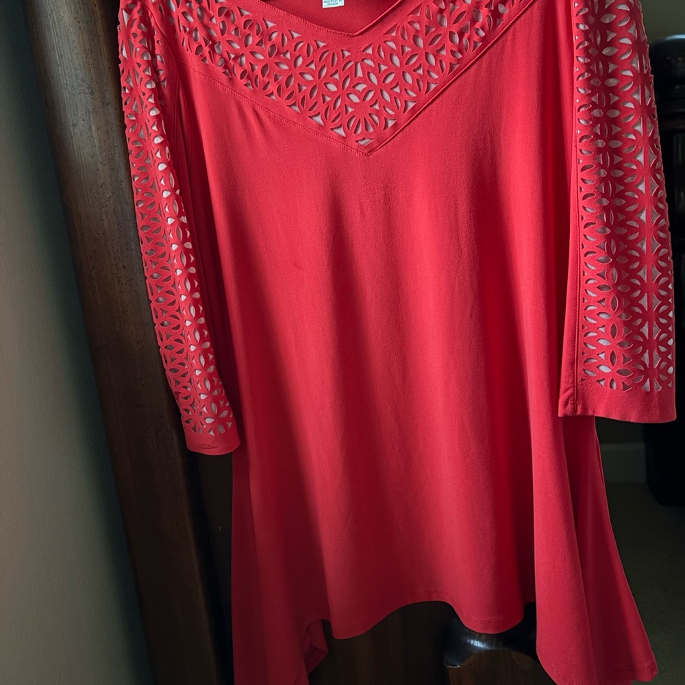 Joseph Ribkoff Scarlet Tunic with Laser Cut Sleeves